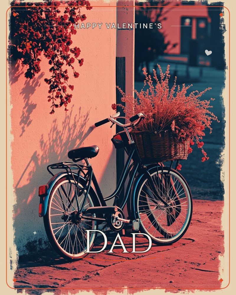 A black bicycle leans against a coral-pink wall, its front basket overflowing with wispy red flowering branches that echo the blossoms cascading from…, a valentine e-card design