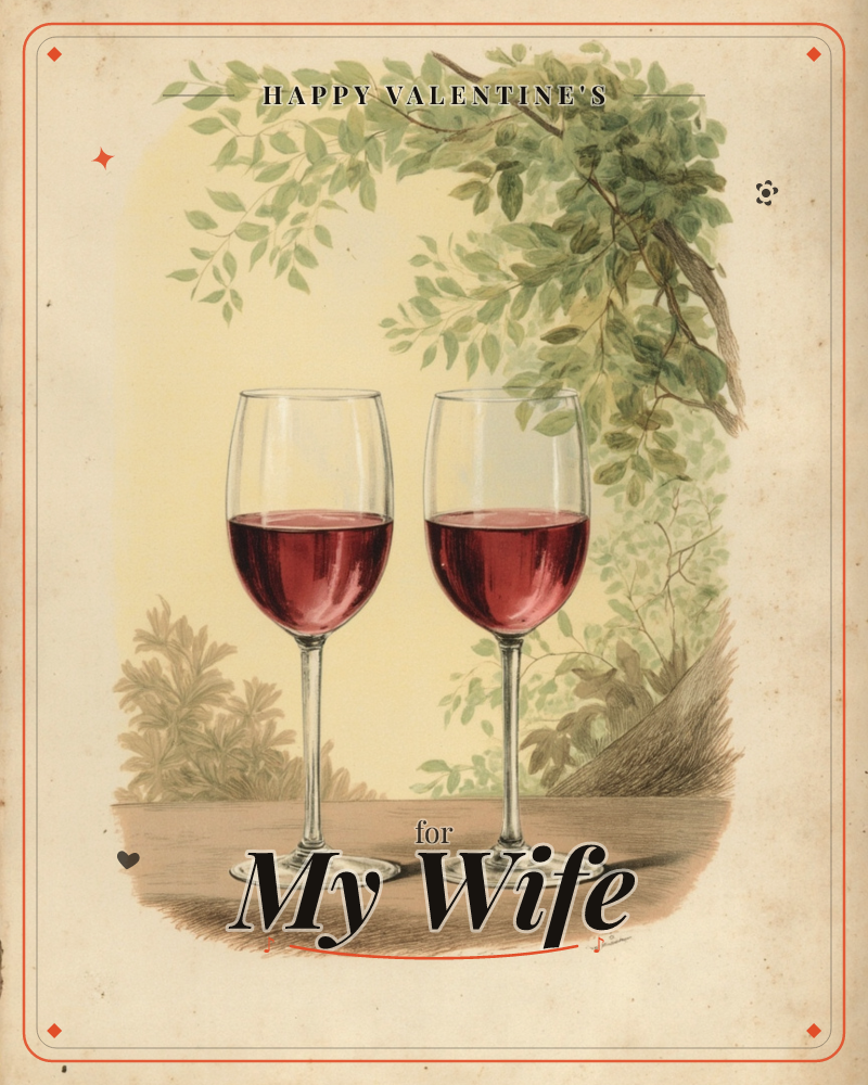 Two glasses of red wine sit side by side on a wooden surface, set against a vintage botanical backdrop of trailing leafy branches and soft cream shading, a valentine e-card design