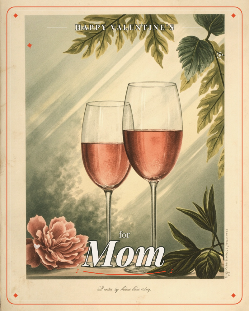 Two wine glasses filled with rosé stand together on a table, lit by soft diagonal beams of light against a hazy green backdrop, a valentine e-card design