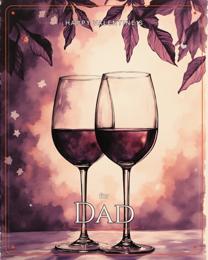 Two wine glasses filled with red wine stand close together on a pale surface, lit by a soft glowing haze of dusky purple and cream, a valentine e-card design