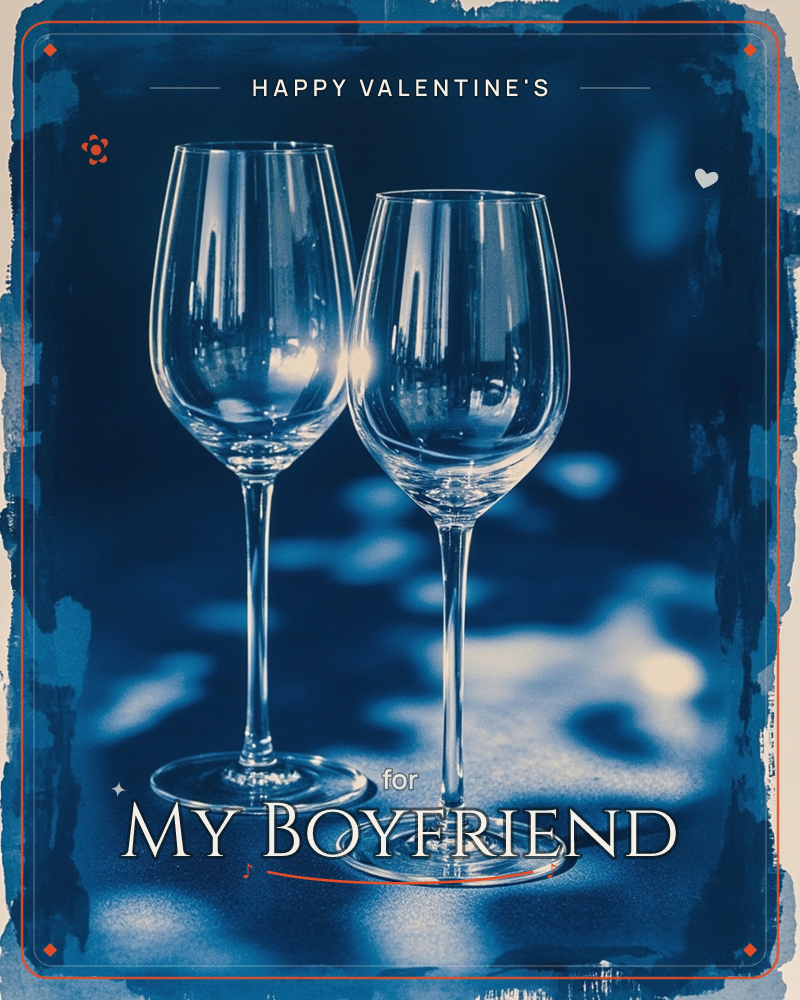 Two empty wine glasses stand side by side on a reflective surface, rendered entirely in deep cobalt blue like a cyanotype print, a valentine e-card design
