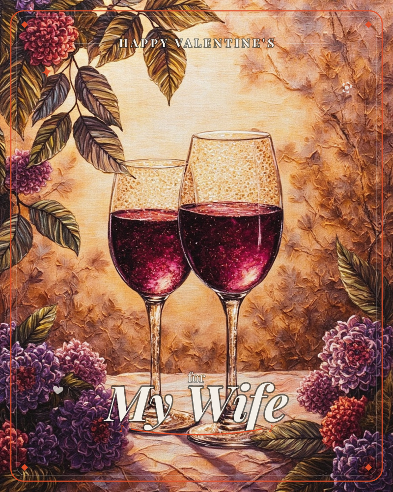 Two glasses of red wine stand side by side on a stone ledge, glowing against a warm golden background of autumn leaves, a valentine e-card design