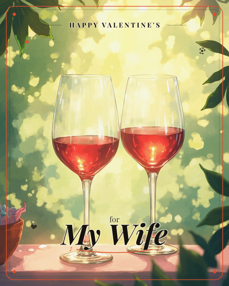 Two glasses of red wine stand side by side on a pale pink ledge, glowing against a dappled backdrop of golden-green sunlight filtering through leaves, a valentine e-card design
