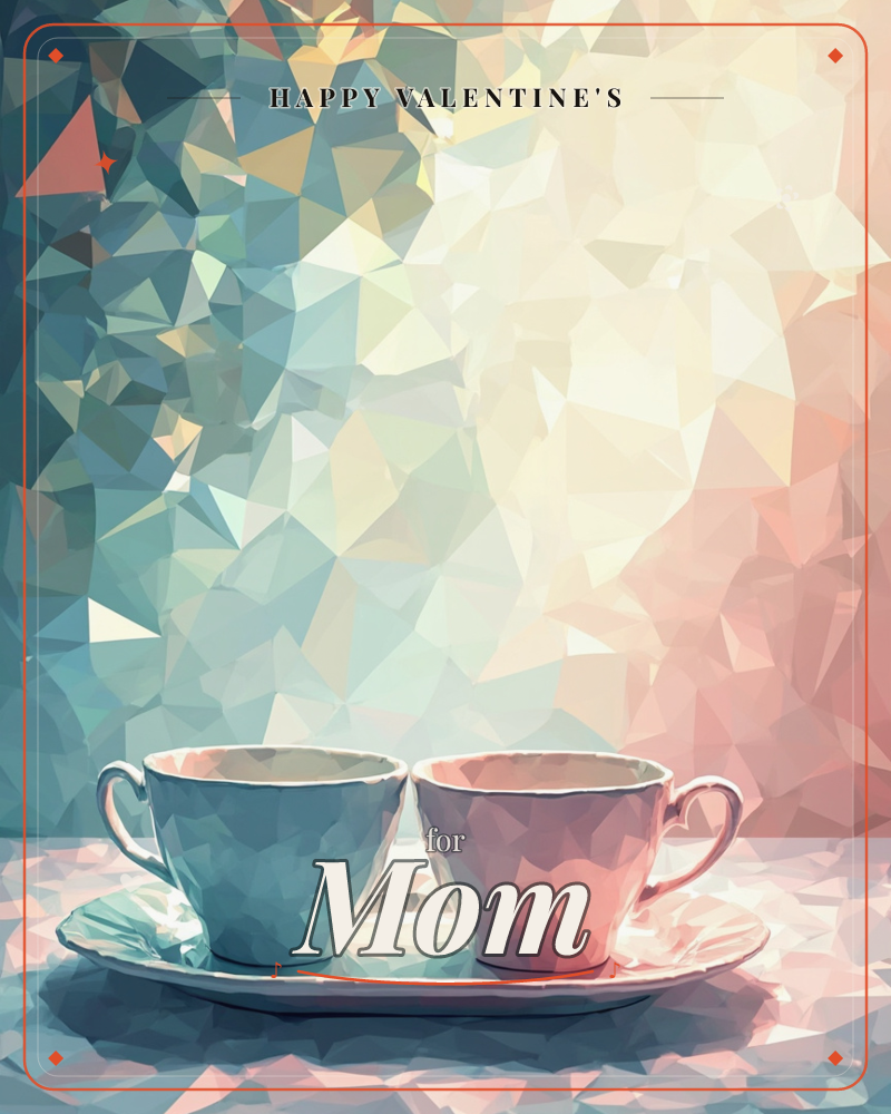 Two teacups, one soft blue and one dusty pink, sit side by side on a shared saucer against a faceted, jewel-toned backdrop that shifts from teal to…, a valentine e-card design