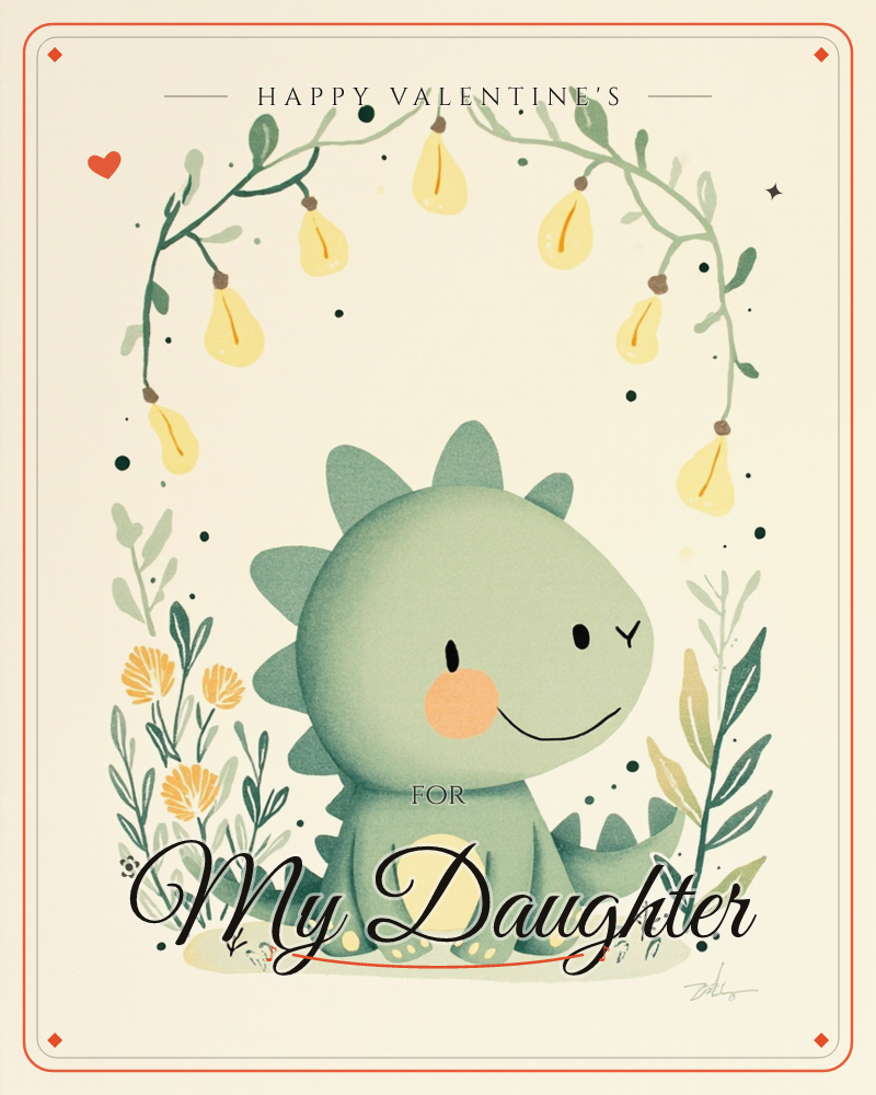 A round, smiling baby dinosaur sits front and centre on a cream background, its cheeks blushed peach and its little spiked back curling into a tail, a valentine e-card design