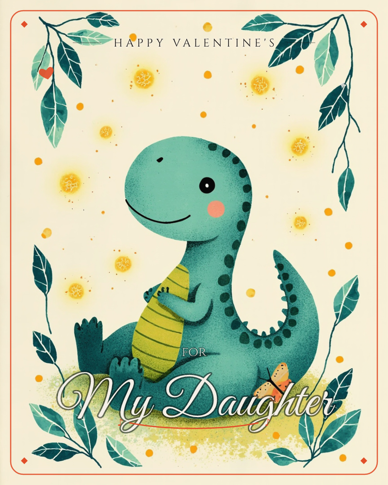 A round, smiling teal dinosaur with a striped green belly sits contentedly on a grassy patch, watching a small butterfly land near its tail, a valentine e-card design