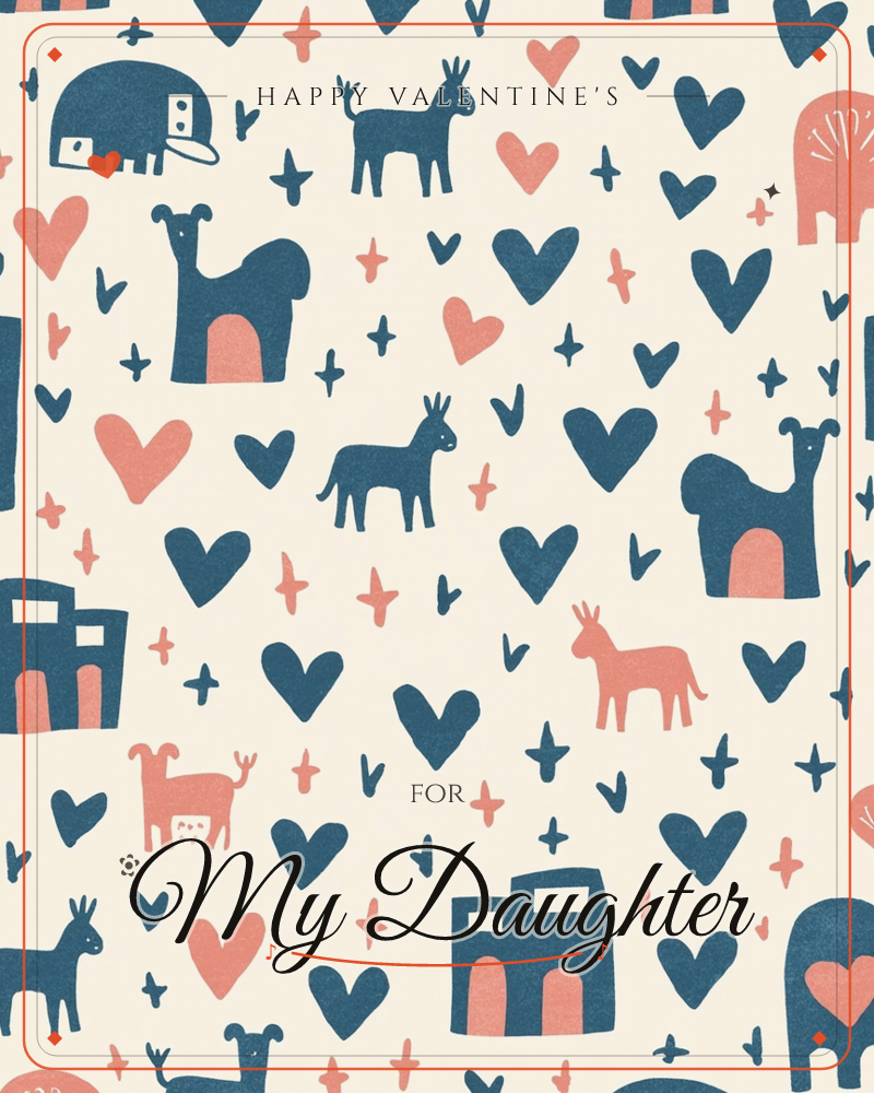 A playful repeating pattern of folk-art animals scattered across a cream background: chunky elephants, deer, goats and dogs in navy and coral…, a valentine e-card design