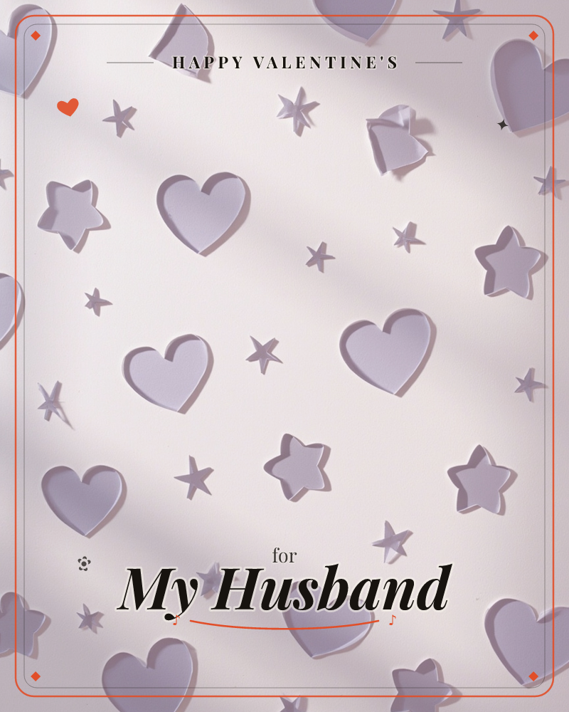 A soft cream backdrop is scattered with lavender paper hearts and stars, each cut with crisp edges and casting small shadows that suggest gentle raking…, a valentine e-card design