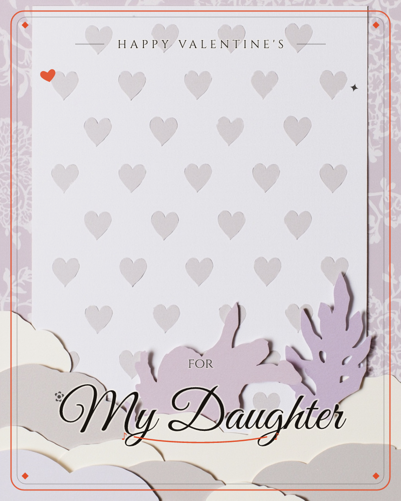 A papercut card built up in layers: a white panel punched with rows of tiny heart cutouts sits against a pale floral-patterned wall, while below it…, a valentine e-card design