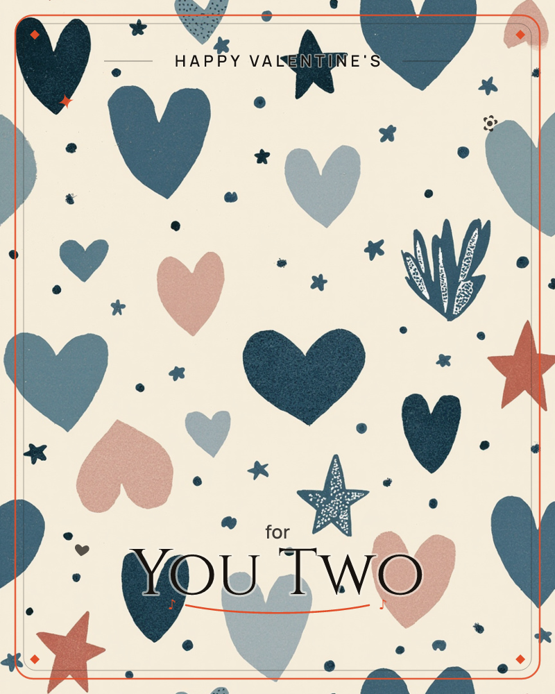 A cream background is scattered with hand-painted hearts in navy, dusty pink and slate blue, alongside stars in matching tones and a rust-red accent, a valentine e-card design