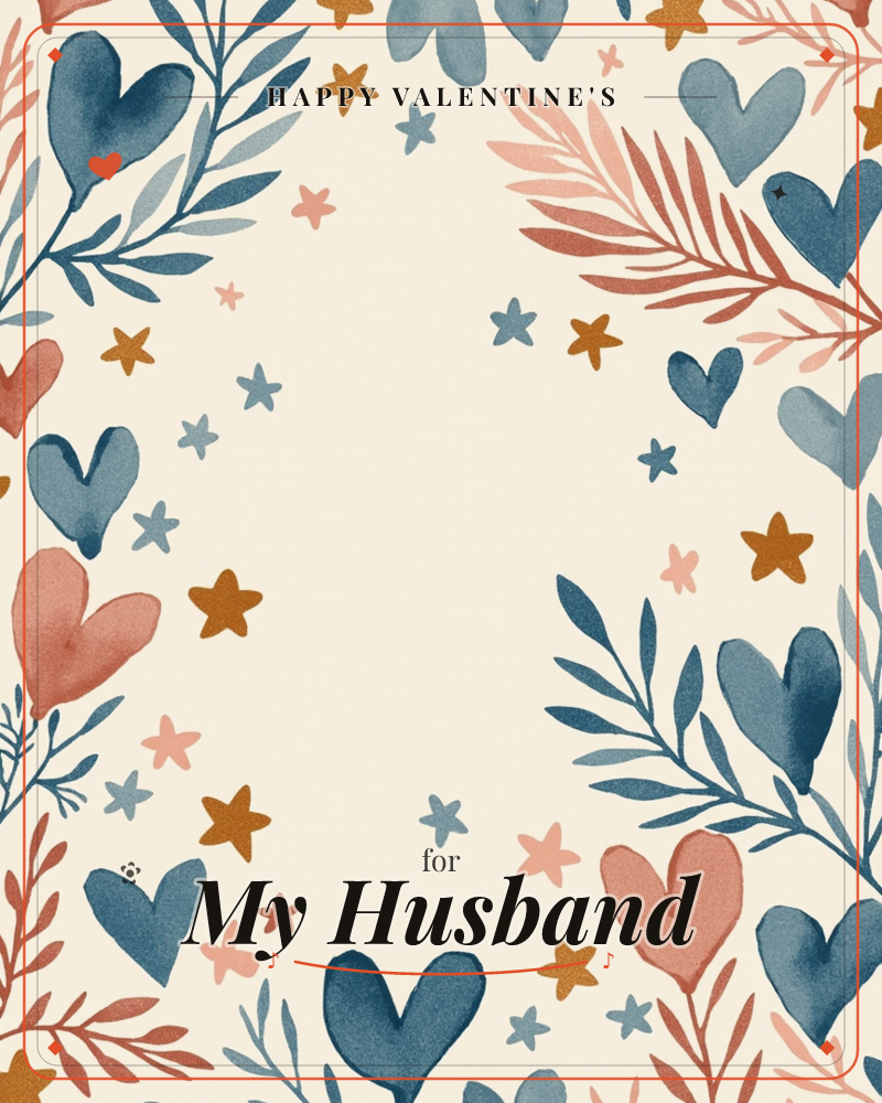 A cream background is framed on both sides by a scattered border of watercolour hearts, stars, and feathery leaf sprigs in muted blue and terracotta…, a valentine e-card design