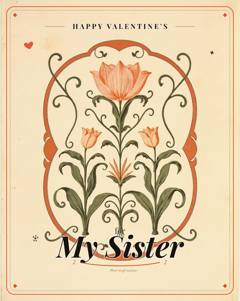 A vintage botanical illustration shows three coral-orange tulips rising on curling green stems inside an ornate scrolled cartouche outlined in rust orange, a valentine e-card design