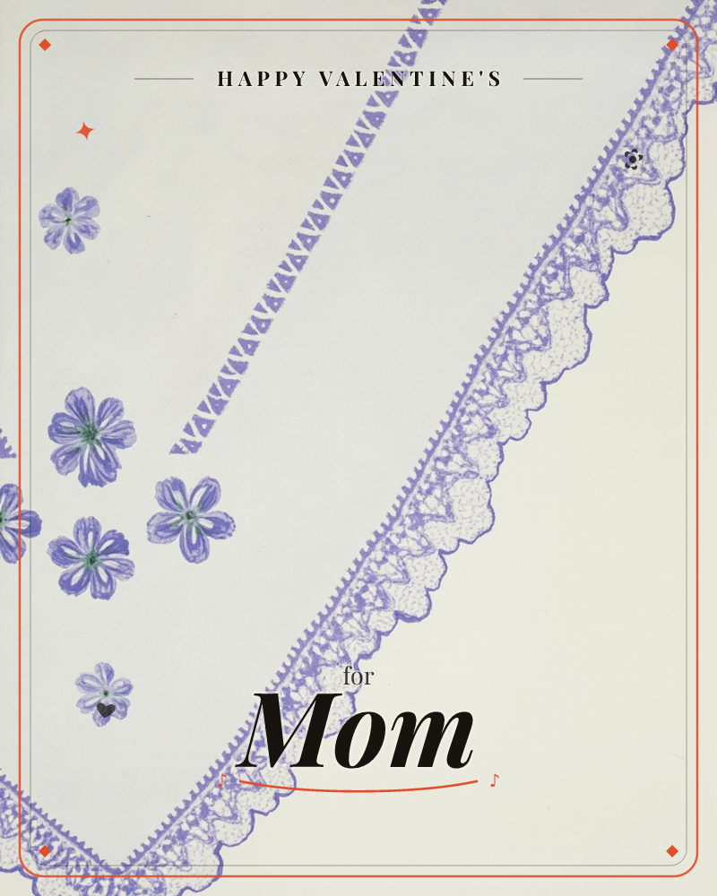 A corner of white fabric edged with delicate purple lace scallops, scattered with hand-drawn violet flowers and a triangle-patterned trim running…, a valentine e-card design