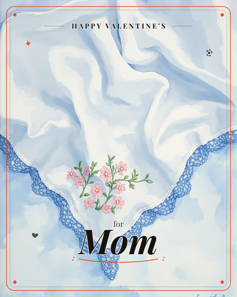 A soft white handkerchief drapes into a point, edged with delicate blue crochet lace and embroidered with a small cluster of pink flowers and green leaves, a valentine e-card design