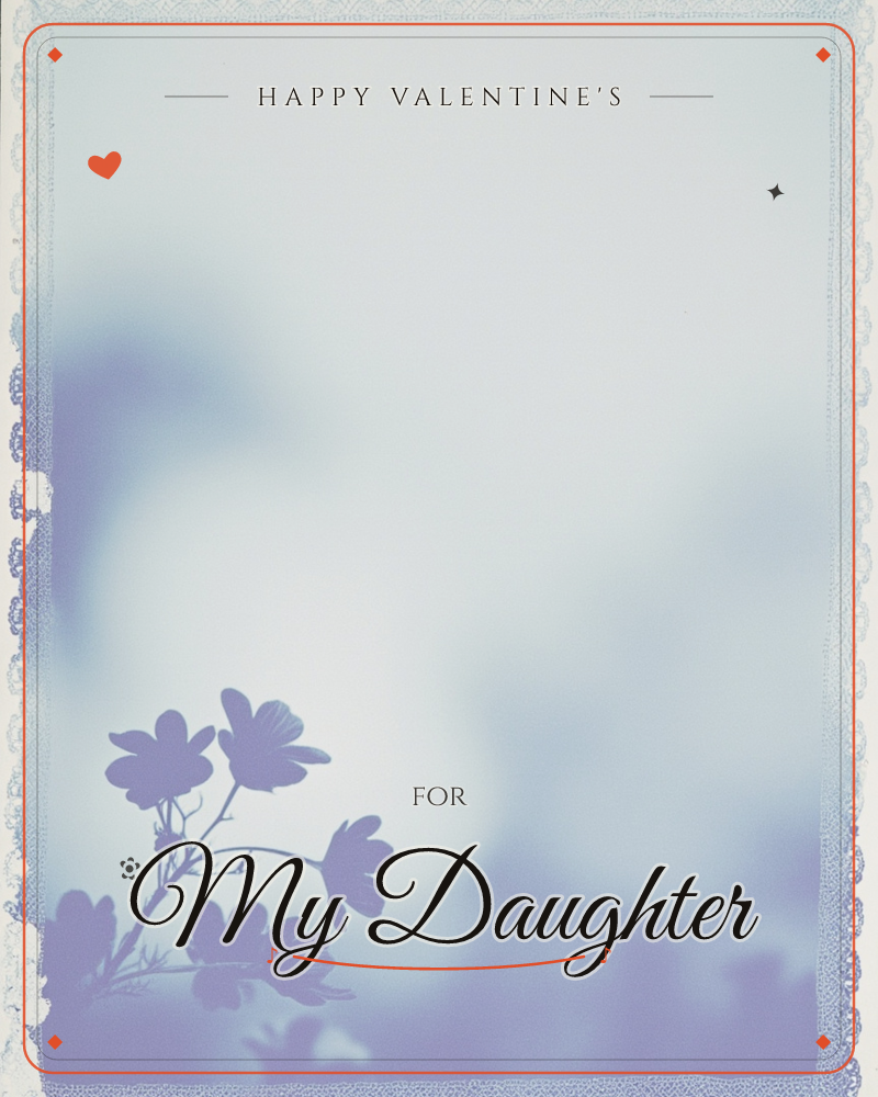 A soft, hazy blue background fades from pale mist at the top to deeper indigo below, with a cluster of small wildflowers silhouetted in the lower left…, a valentine e-card design