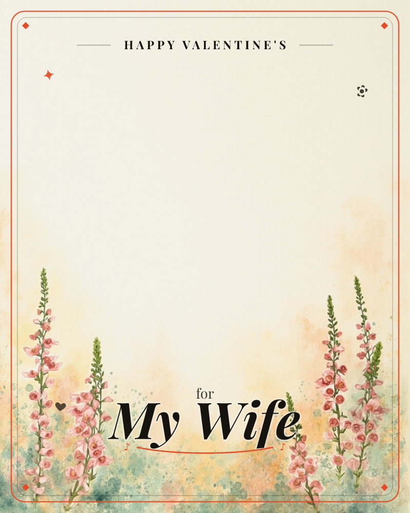 Tall foxglove spikes rise from a soft wash of green and peach along the bottom edge, their pink buds stacked like little bells against a wide cream sky, a valentine e-card design