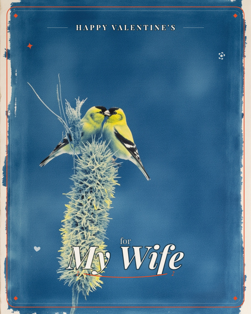 Two goldfinches with black-capped heads and bright yellow bodies perch beak to beak atop a frosted, spiky seed head, set against a deep, painterly blue…, a valentine e-card design