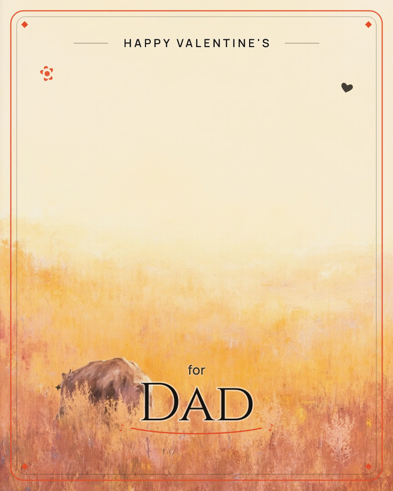 A lone bear moves quietly through a golden field of tall grass, its body half-hidden by the haze of warm light, a valentine e-card design
