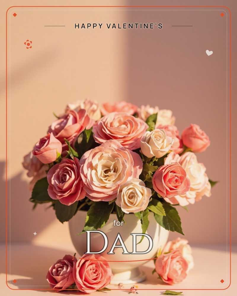 A round white vase overflows with a lush bouquet of pink, coral, and cream roses in full bloom, their petals catching warm, low sunlight against a…, a valentine e-card design