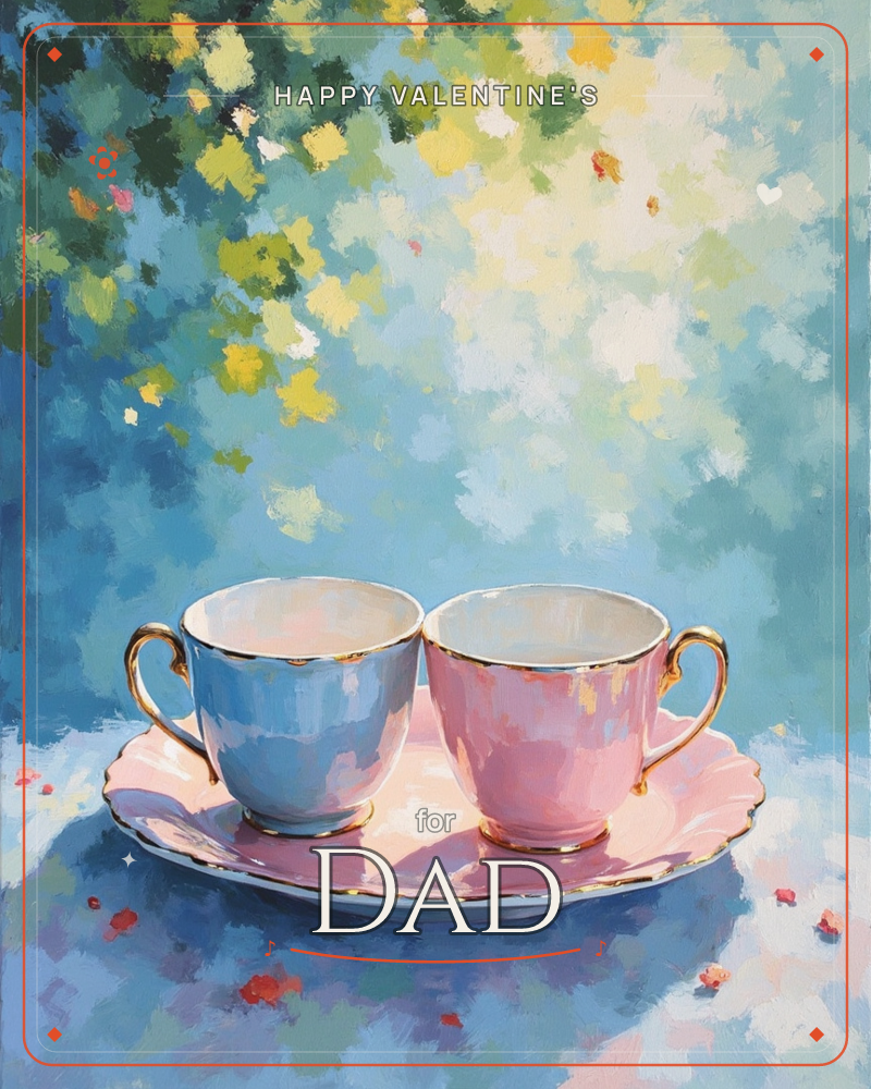 Two gilt-edged teacups, one pale blue and one soft pink, sit side by side on a scalloped pink saucer, their handles turned outward like a pair leaning…, a valentine e-card design