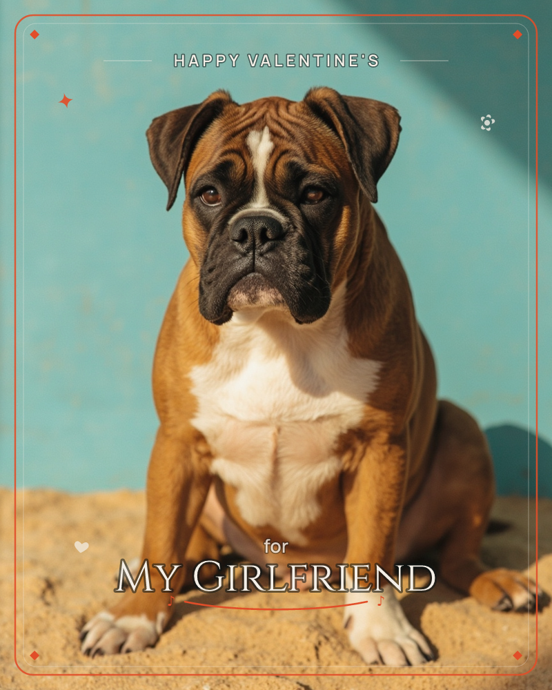 A boxer dog sits squarely on sandy ground against a weathered turquoise wall, sunlight raking sharply across the frame to throw half the scene into shadow, a valentine e-card design