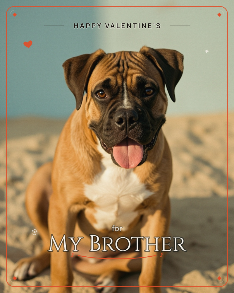 A boxer-type dog sits on sandy ground with its tongue lolling out, panting happily in warm late-day light, a valentine e-card design