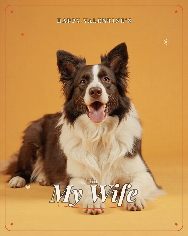 A brown and white border collie lies with paws stretched forward, ears perked and mouth open in a happy pant, set against a warm amber studio backdrop…, a valentine e-card design