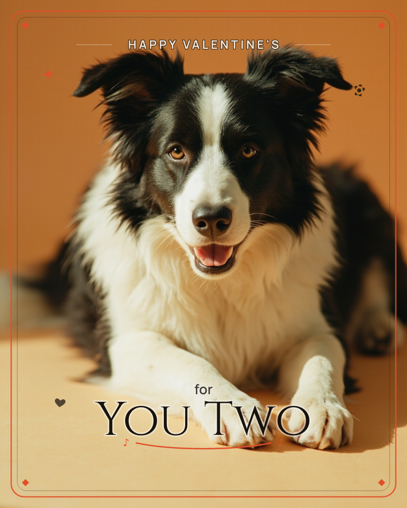 A black-and-white border collie lies with its front paws stretched forward, ears perked and mouth open in a happy pant, set against a warm amber-orange…, a valentine e-card design
