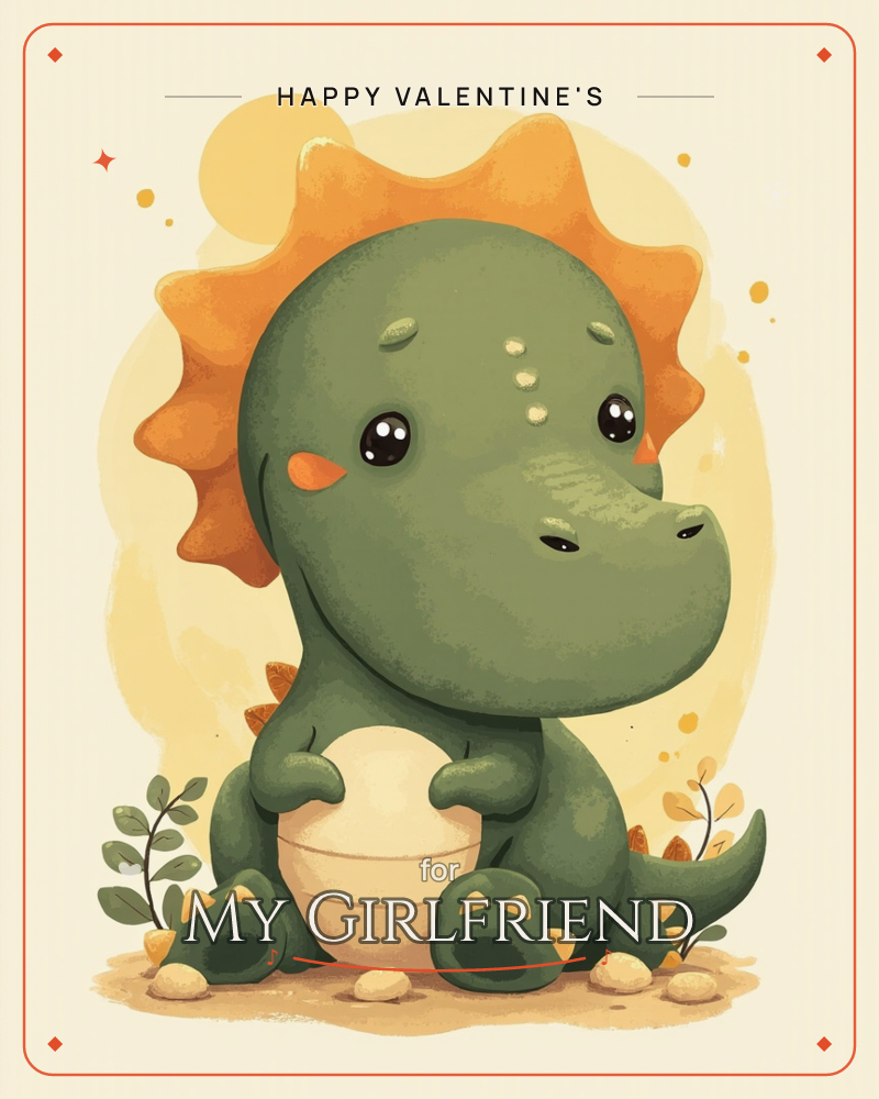 A round-bellied baby triceratops sits front and centre with a big orange frill fanning out behind its head like a sunburst, a valentine e-card design