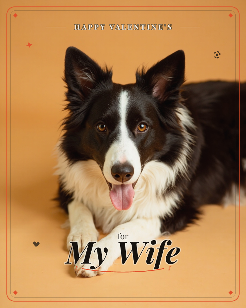 A black and white border collie lies stretched out on a warm apricot-orange backdrop, paws crossed and tongue out in a happy pant, a valentine e-card design