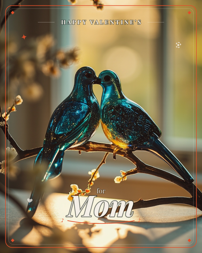 Two glossy blue-glass birds perch beak to beak on a slender branch dotted with tiny cream blossoms, lit by warm golden window light behind them, a valentine e-card design
