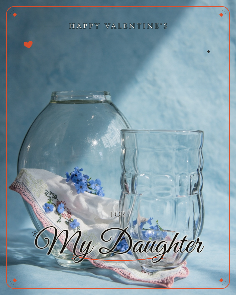 A round-bellied glass vase and a ribbed drinking glass stand together on a soft blue backdrop, small blue florets scattered inside and around them, a valentine e-card design
