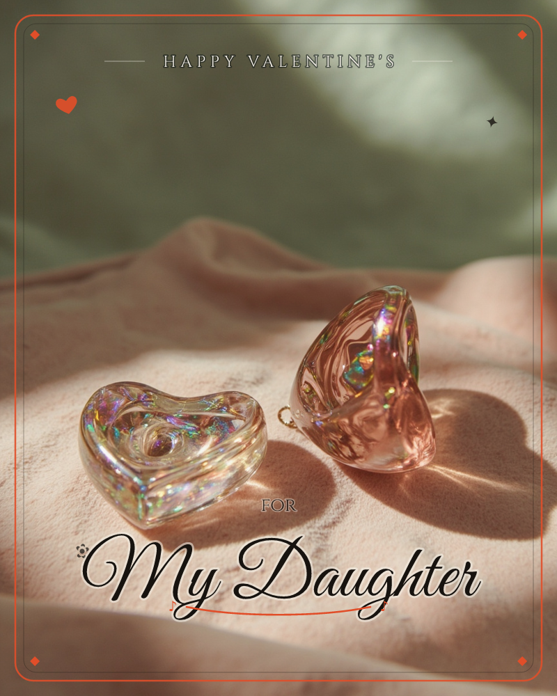 Two iridescent glass heart ornaments rest on a soft blush velvet fabric, catching warm sunlight that splits into rainbow glints across their curved…, a valentine e-card design