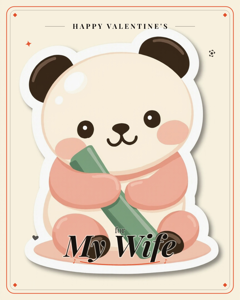 A round, cheerful panda sits with a stalk of green bamboo hugged between its round paws, its ears and paws tinted a soft blush pink instead of the…, a valentine e-card design