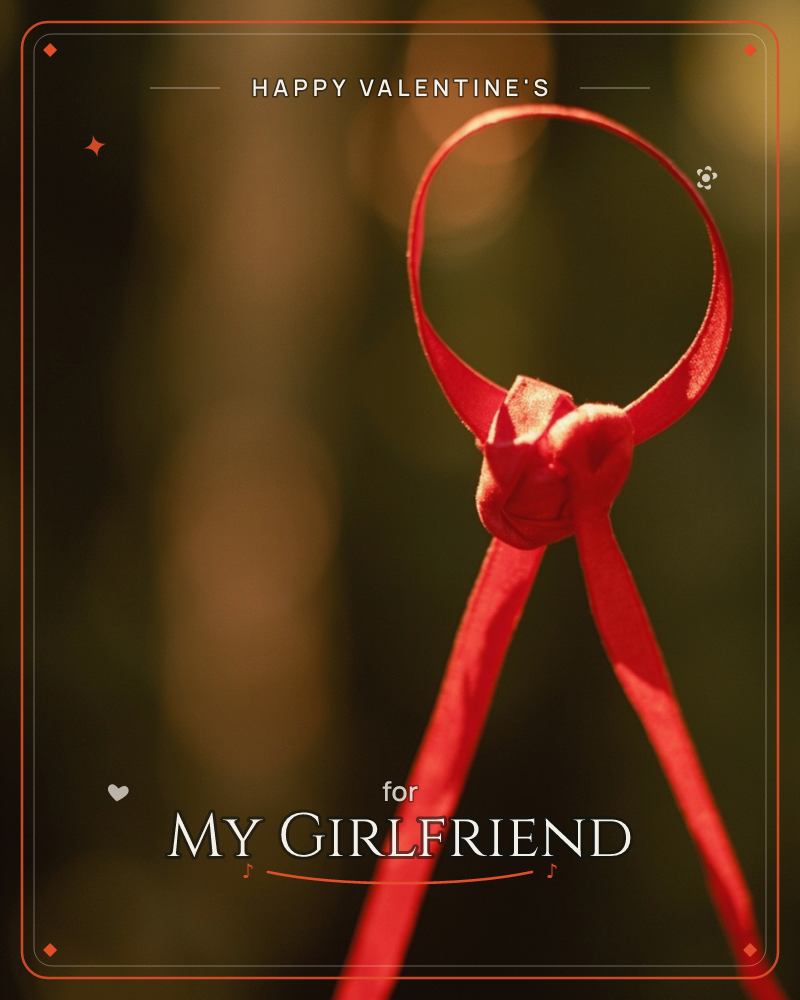 A single red ribbon is knotted into a loose loop and lit from behind, its silky strands glowing against a deep, blurred backdrop of amber and green bokeh, a valentine e-card design
