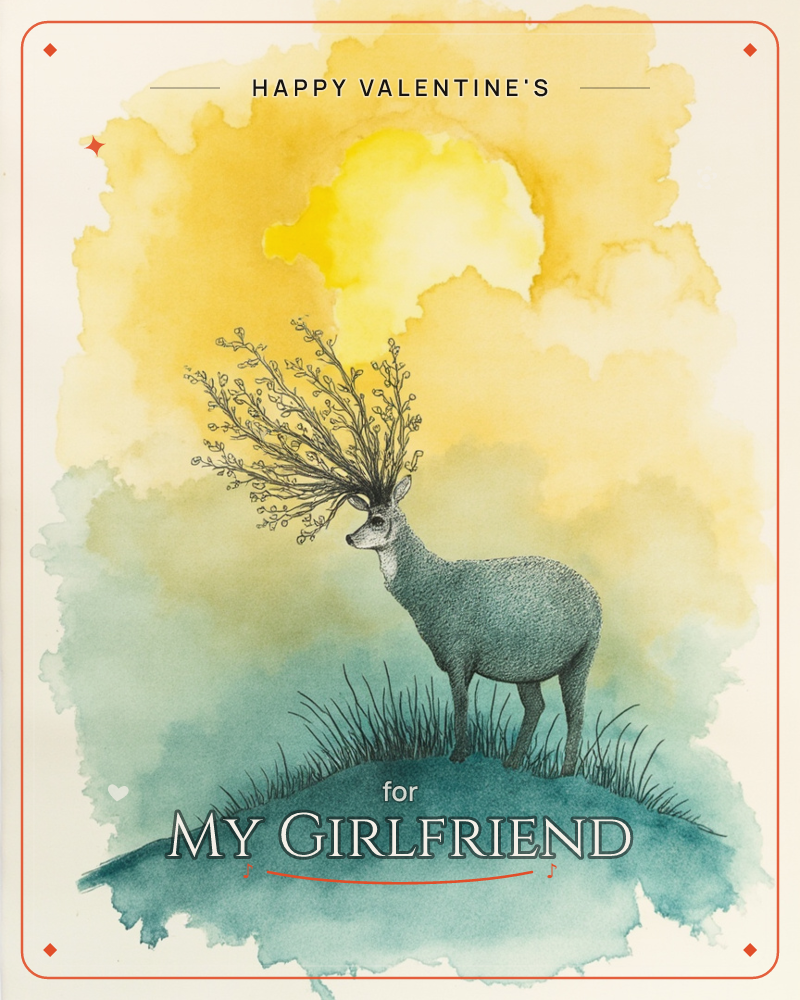 A deer stands on a grassy rise, its antlers rendered as delicate branching sprigs of leaves and buds instead of bone, a valentine e-card design