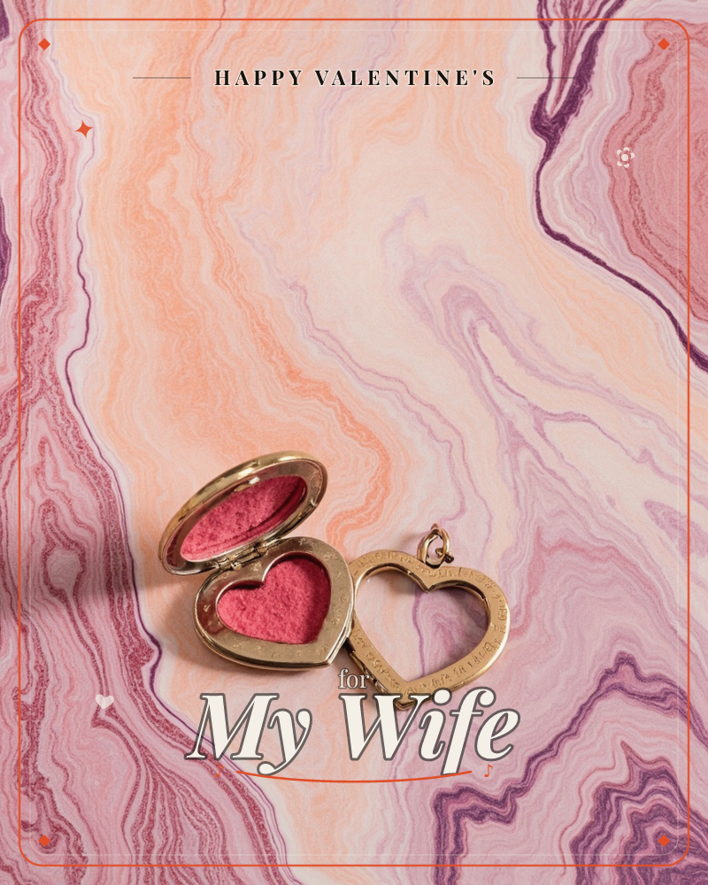 A gold heart-shaped compact sits open to reveal pink powder, its heart-shaped mirror lid resting beside it, all placed on a swirling marbled background…, a valentine e-card design