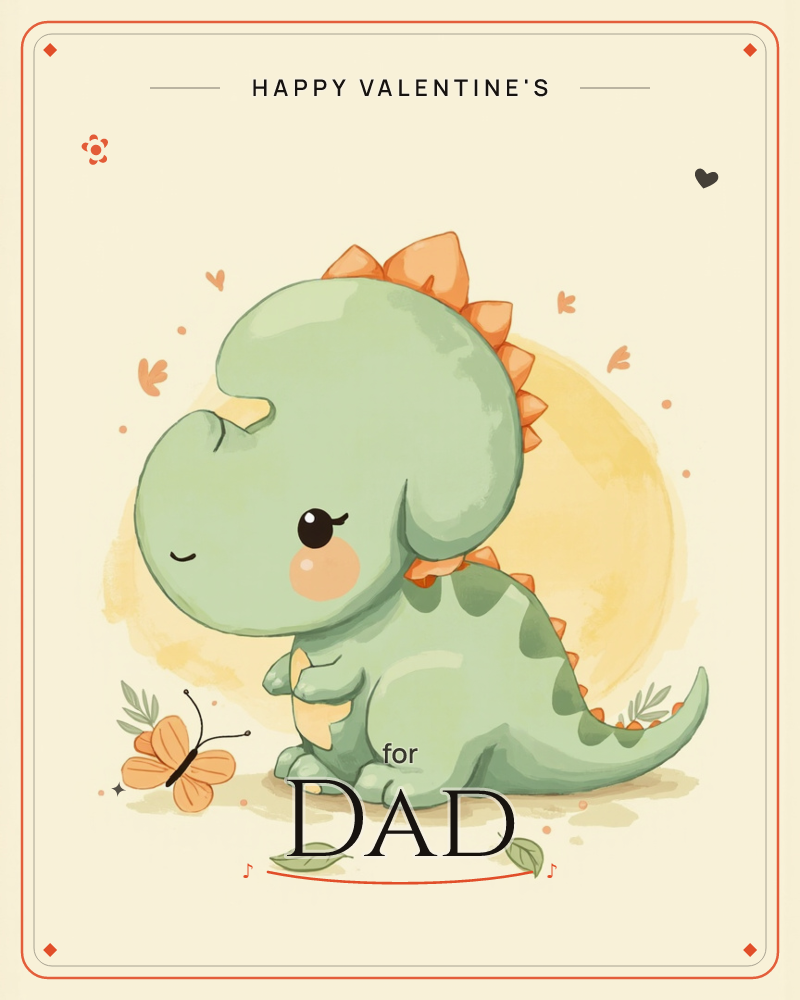 A round-bodied baby dinosaur in soft green sits on the ground, eyes closed with a sleepy, contented smile, watching a small orange butterfly land on a…, a valentine e-card design