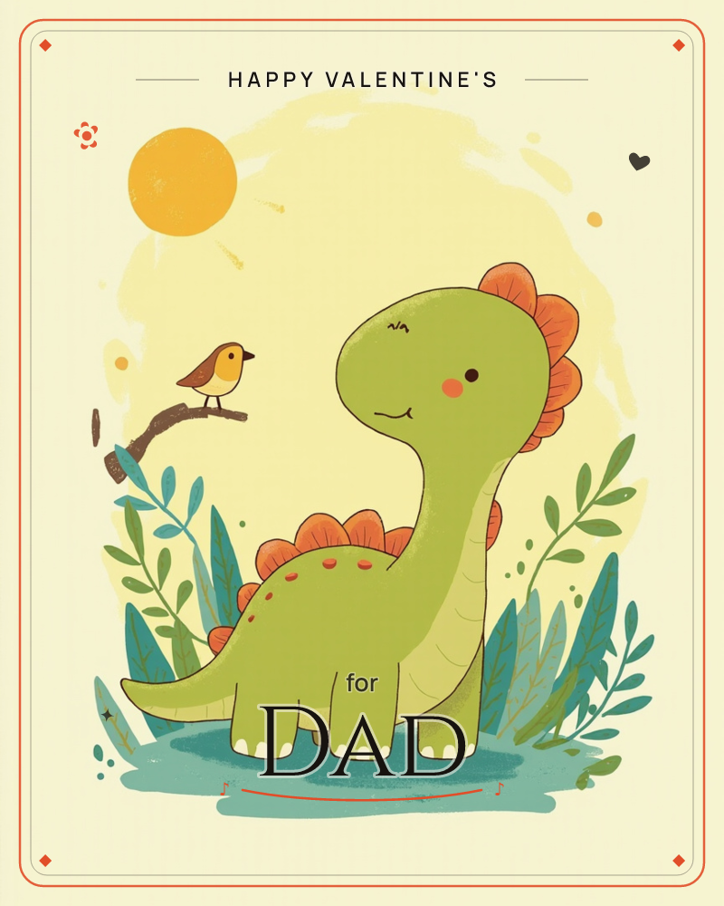 A cheerful green dinosaur with a rounded back and orange spiky plates stands smiling among tall teal leaves, a small yellow-brown bird perched on a…, a valentine e-card design