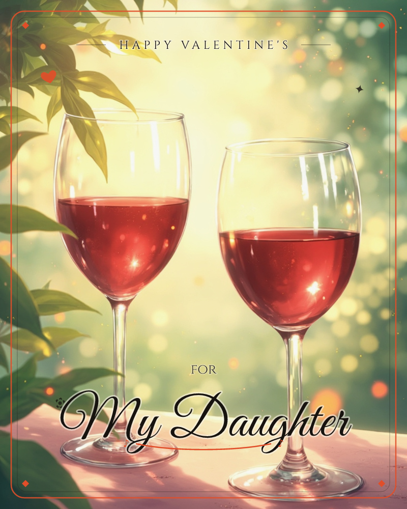 Two glasses of red wine sit side by side on a table's edge, framed by trailing green leaves at the left, a valentine e-card design