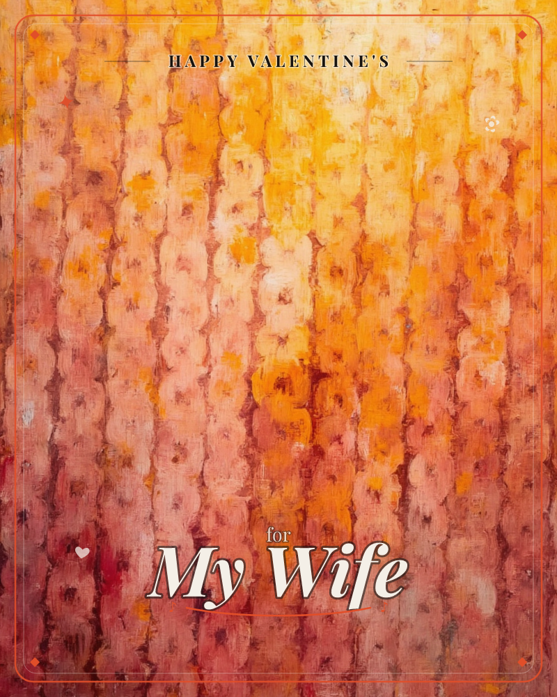 An abstract painting built from vertical ribbed columns of thick brushstrokes, glowing amber and gold at the top and deepening into rusty rose and…, a valentine e-card design