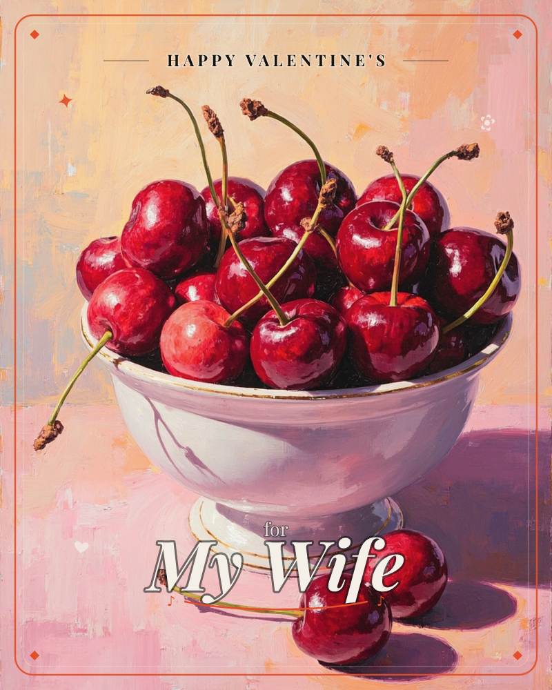 A white pedestal bowl overflows with glossy dark-red cherries, their stems curling outward in every direction, a valentine e-card design