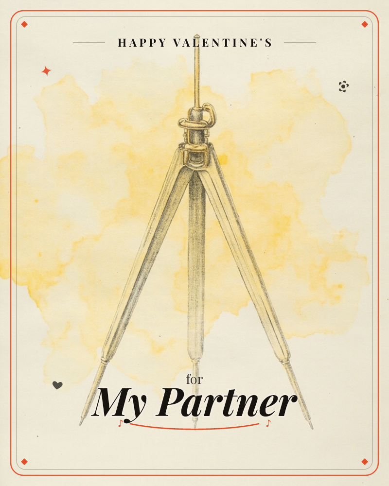A finely inked drawing of an antique drafting compass stands open on three tapered legs against a cream page, set off by a soft golden watercolour…, a valentine e-card design