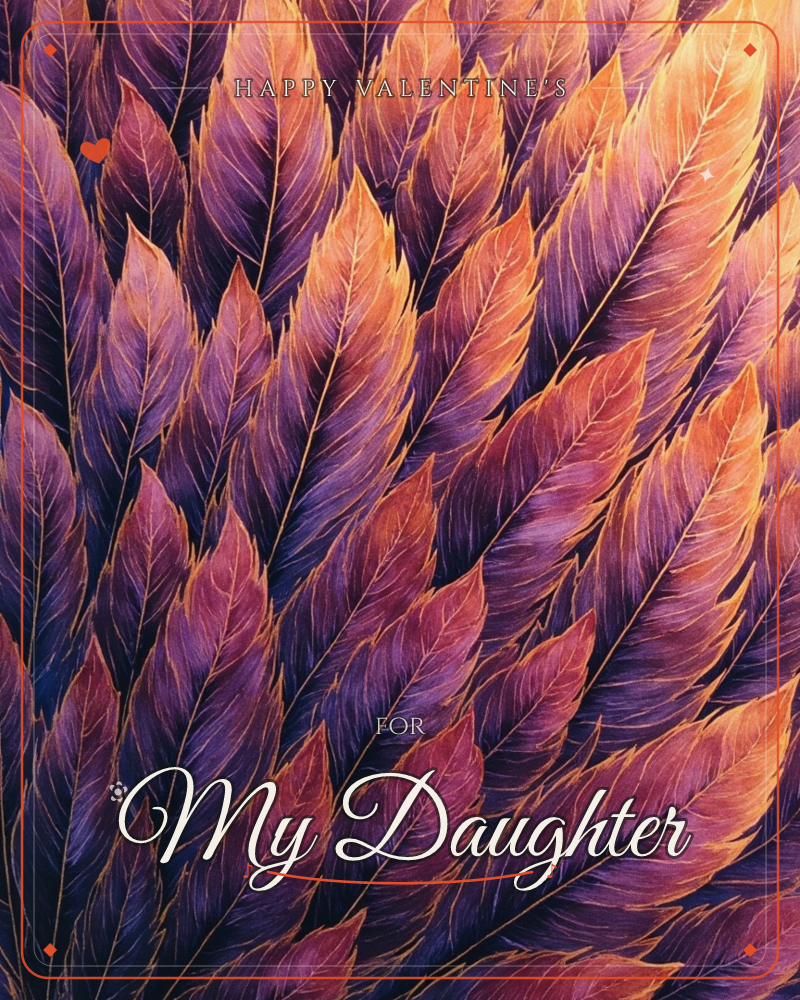 A dense field of feather-like fronds fans upward across the whole card, each blade edged in glowing gold veins and shading from deep violet at the base…, a valentine e-card design