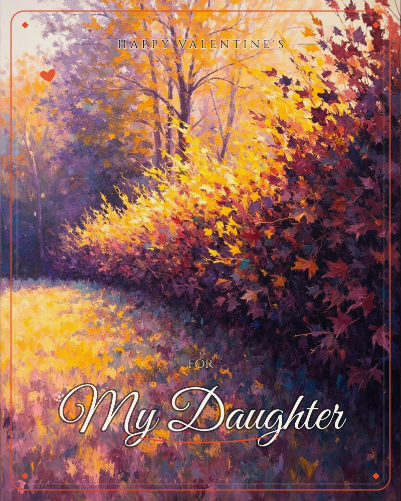 A painted autumn treeline glows where sunlight catches a hedge of deep red and gold leaves along the edge of a field, a valentine e-card design