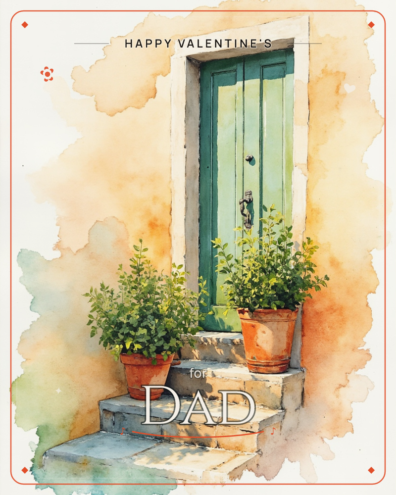 A weathered teal door with an old iron knocker sits framed in white stone, flanked by two terracotta pots of leafy green plants on a sun-worn stone step, a valentine e-card design