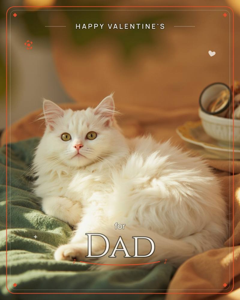 A fluffy white cat with pale green eyes curls on a sage-green blanket beside a mustard-gold throw, warm afternoon light glowing across its fur, a valentine e-card design