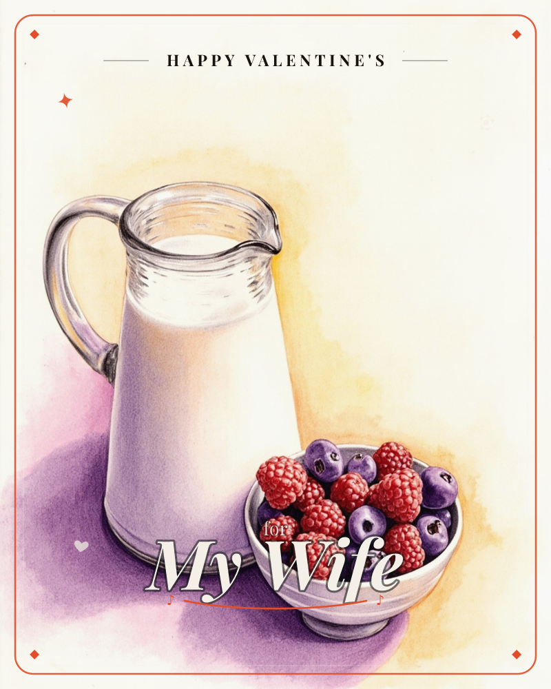 A glass pitcher of milk stands beside a small white bowl heaped with raspberries and blueberries, set on a lilac-shadowed surface with a warm golden…, a valentine e-card design