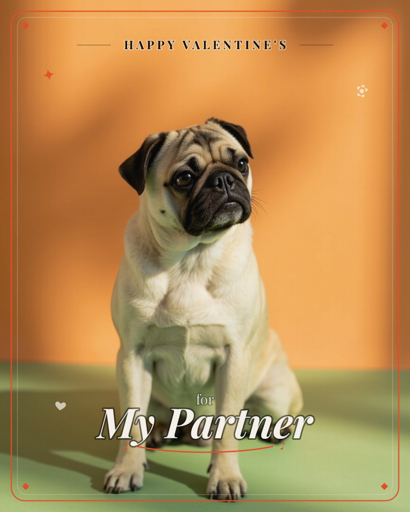 A fawn pug sits upright on a muted green surface, its wrinkled face turned slightly to one side with a soulful, watchful expression, a valentine e-card design