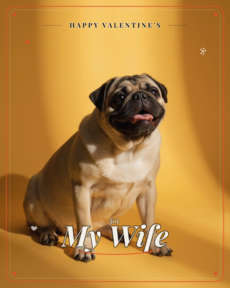 A pug sits front and centre against a warm amber studio backdrop, tongue out and head tilted up as if waiting for a treat, a valentine e-card design